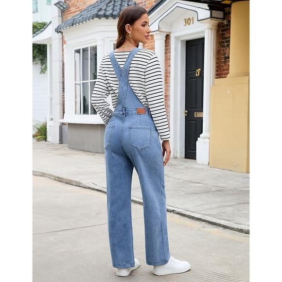 Womens Wide Leg Baggy Stretch Denim Cargo Overalls Boho Western Cottage XL - Picture 2 of 7